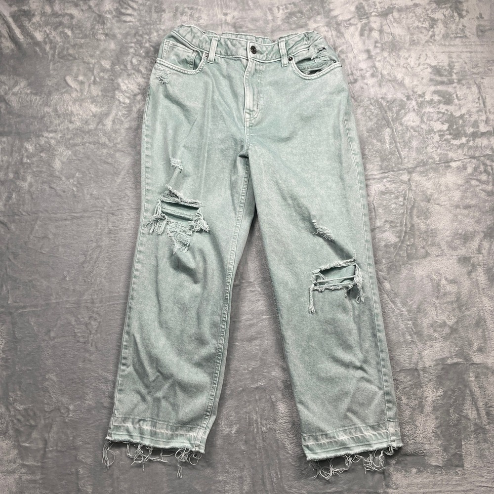 Maurices‎ Girls Wide Leg Jeans Green Distressed Raw Hem Elastic Waist High Rise